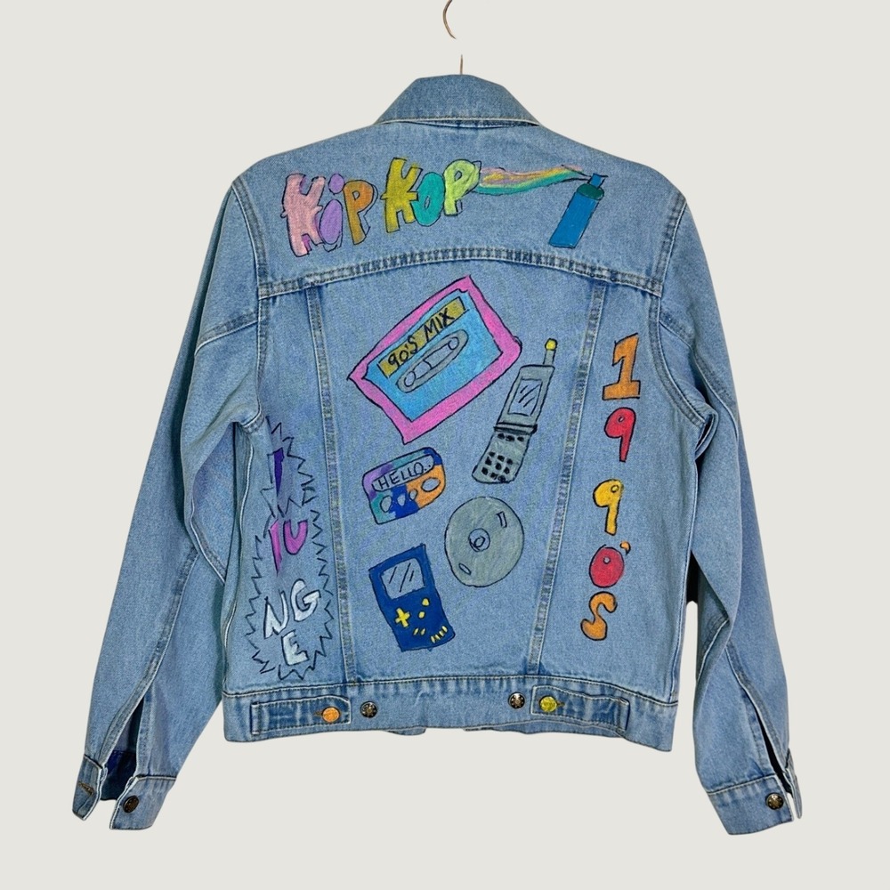 Understated Leather Denim Jacket Cotton Womens Med Blue 90s Hand Painted Custom - Picture 2 of 8